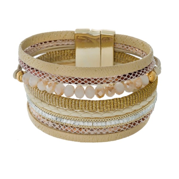 Wholesale faux leather magnetic bracelet faceted beads shimmer details clear rhi