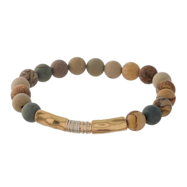 Wholesale natural stone beaded stretch bracelet gold hammered bar