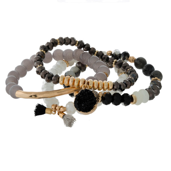 Wholesale four piece stretch beaded bracelet set gold accents faux druzy stone c