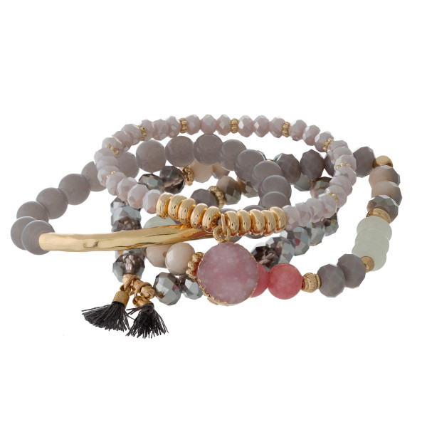 Wholesale four piece stretch bracelet set gold accents faux druzy stone charm
