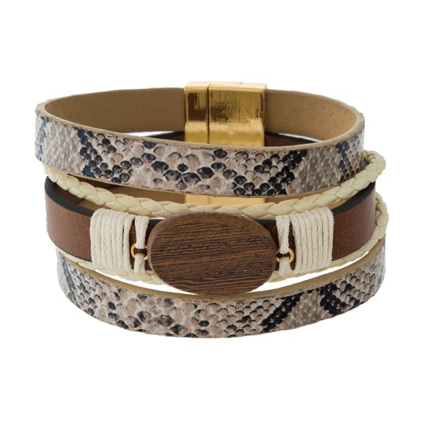 Wholesale faux leather bracelet wooden bead animal skin pattern gold magnetic cl