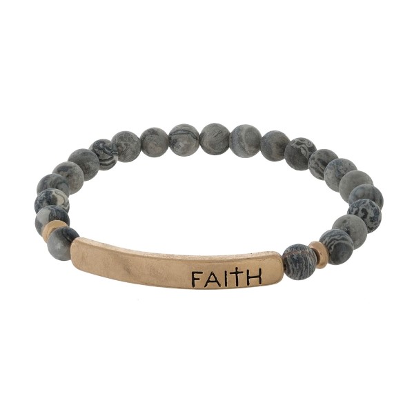 Natural Stone Beaded Faith Bar Stretch Bracelet.

- Focal 1.5" 
- Bead Size: 5mm
- Approximately 3" in Diameter