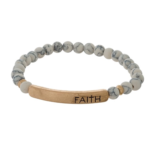 Natural Stone Beaded Faith Bar Stretch Bracelet.

- Focal 1.5" 
- Bead Size: 5mm
- Approximately 3" in Diameter