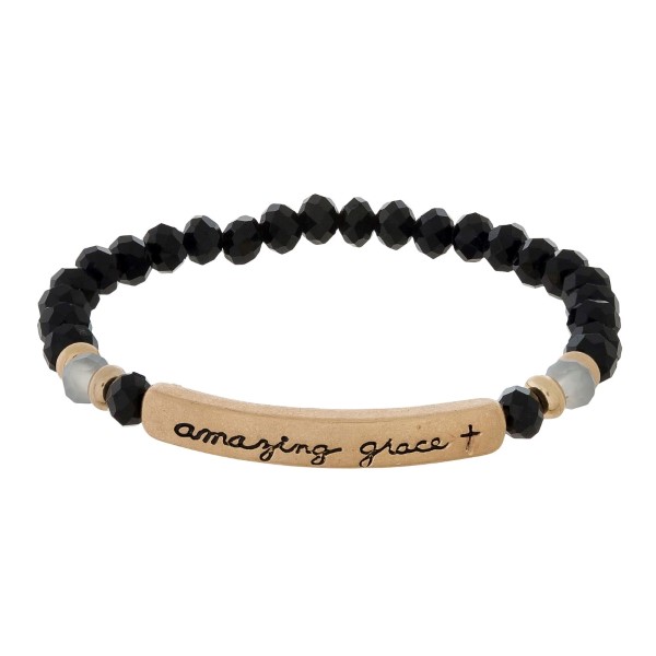 Beaded stretch bracelet with a bar focal, stamped with "amazing grace."