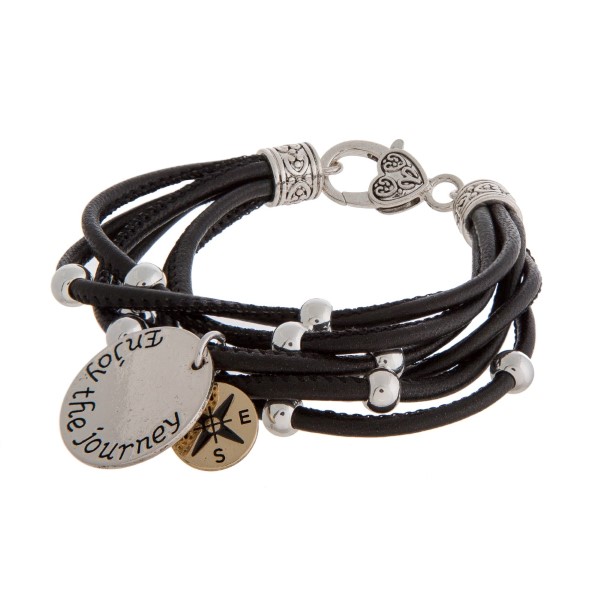 Wholesale faux leather bracelet silver beads lobster clasp stamped charm