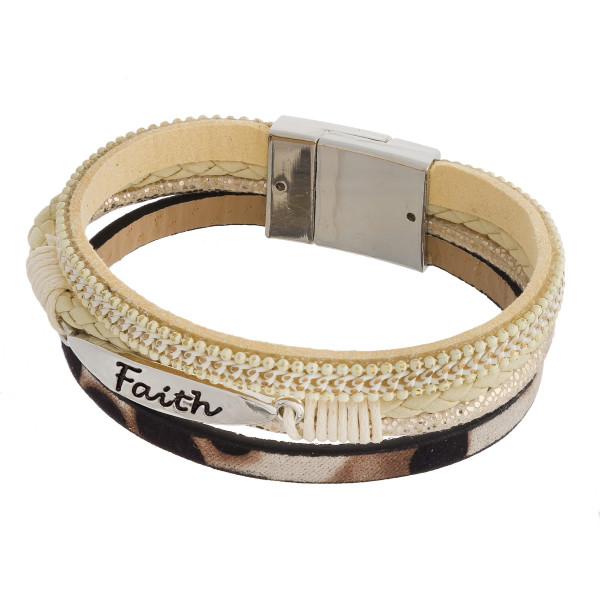 Wholesale three layered faux leather bracelet metal Faith engraved animal print