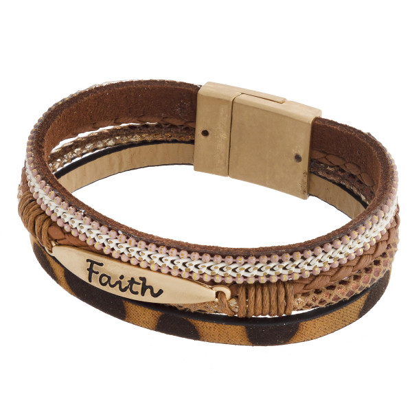 Wholesale three layered faux leather bracelet metal Faith engraved animal print