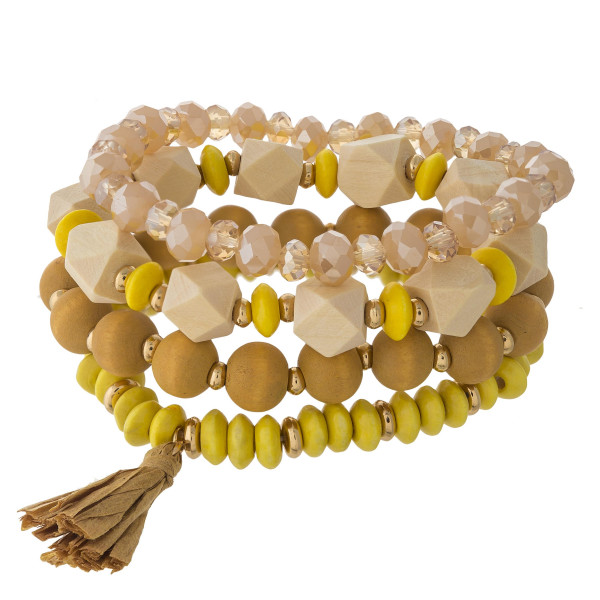 Wholesale wood beaded stretch bracelet set faceted bead details raffia tassel ac