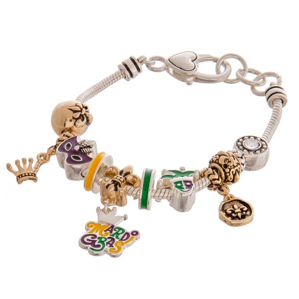 Two tone enamel coated Mardi Gras charm bracelet with heart