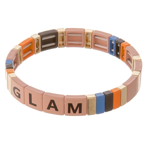 Shiny enamel coated "Glam" letter color block stretch bracelet.

- Approximately 3" in diameter unstretched
- Fits up to a 7" wrist