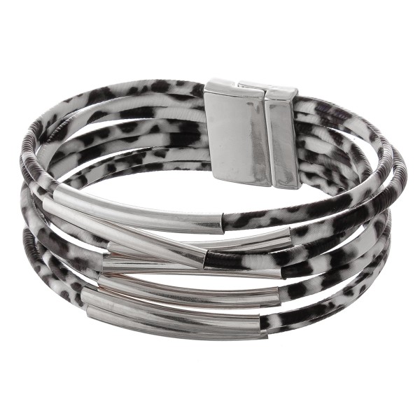 Faux leather multi strand leopard print magnetic bracelet with silver accents.

- Magnetic closure
- Approximately 3" in diameter
- Fits up to a 6" wrist 