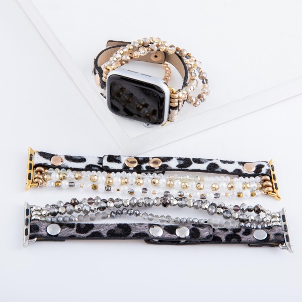 Interchangeable Leopard Print Beaded Smart Watch Bracelet.

- Fits 38-40mm Watch Face
- Multi-Strand
- Adjustable Faux Leather Band
- Approximately 3" in diameter
- Fits up to a 7" wrist