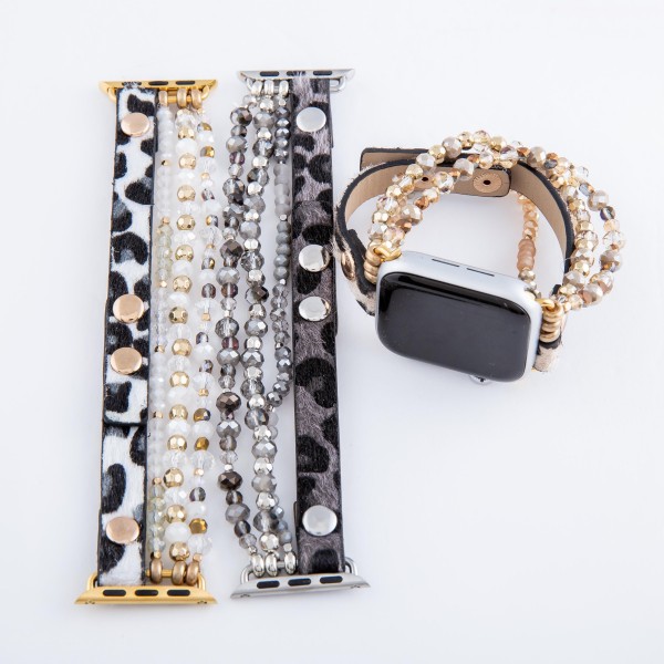Interchangeable Leopard Print Beaded Smart Watch Bracelet.

- Fits 38-40mm Watch Face
- Multi-Strand
- Adjustable Faux Leather Band
- Approximately 3" in diameter
- Fits up to a 7" wrist