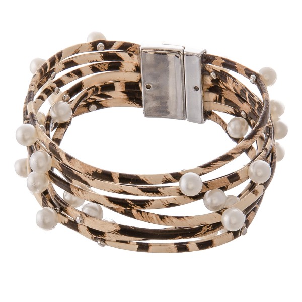 Wholesale faux Leather Multi Strand Animal Print Magnetic Bracelet Pearl Bead De