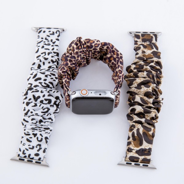 Interchangeable cheetah print scrunchie smart watch band for smart watches.

- Fits 42-44mm watch face
- Approximately 3" in diameter unstretched
- Fits up to a 7" wrist