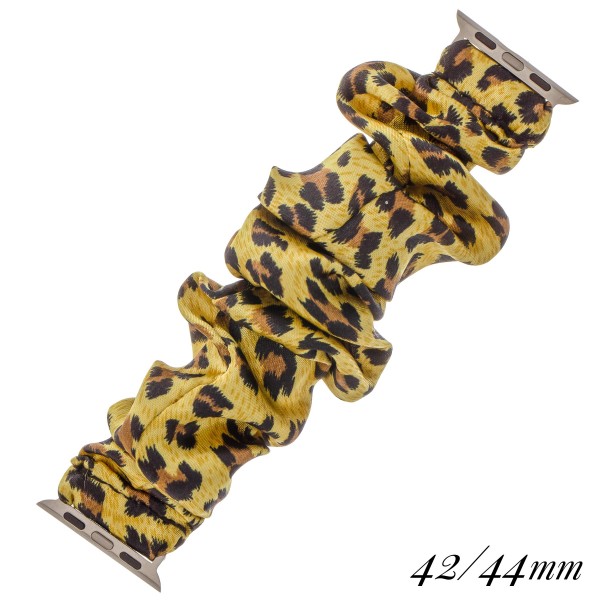 Interchangeable leopard print scrunchie smart watch band for smart watches.

- Fits 42-44mm watch face
- Approximately 3" in diameter unstretched
- Fits up to a 7" wrist