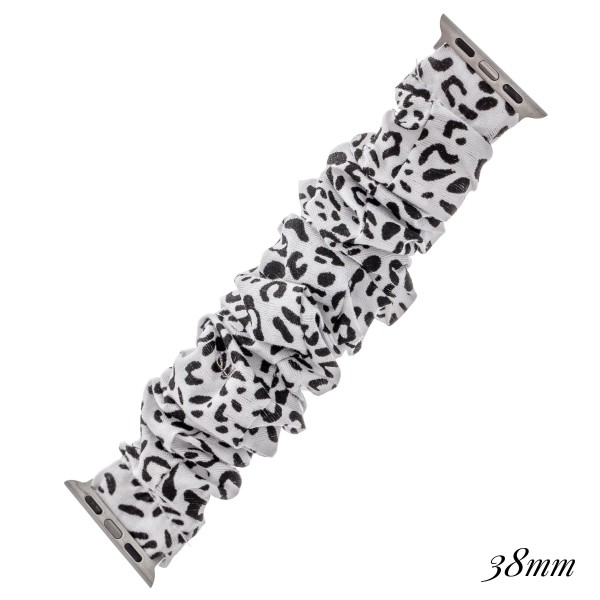 Interchangeable cheetah print scrunchie smart watch band for smart watches.

- Fits 38-40mm watch face
- Approximately 3" in diameter unstretched
- Fits up to a 7" wrist