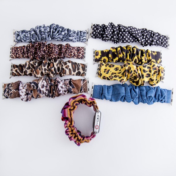 Interchangeable leopard print scrunchie smart watch band for smart watches.

- Fits 38-40mm watch face
- Approximately 3" in diameter unstretched
- Fits up to a 7" wrist