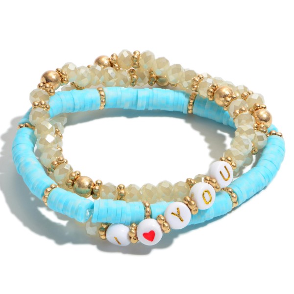 3 PC Rubber Heishi Beaded "I Love You" Stretch Bracelet Set.

- 3 PC Per Set
- Approximately 3" in Diameter