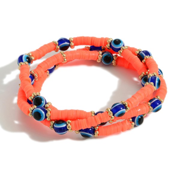 Wholesale set Three Heishi Bead Bracelets Evil Eye Accents Diameter