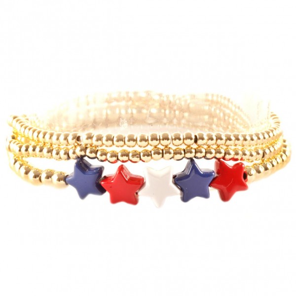 Wholesale set Three Beaded Metal Bracelets Red White Blue Star Accents Diameter