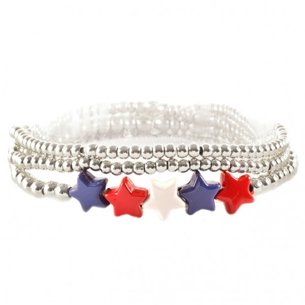 Wholesale set Three Beaded Metal Bracelets Red White Blue Star Accents Diameter