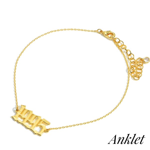 Gold Dipped 1995 Birth Year Anklet.

- Gold Dipped
- Approximately 3" in Diameter
- Extender Approximately 2" Long