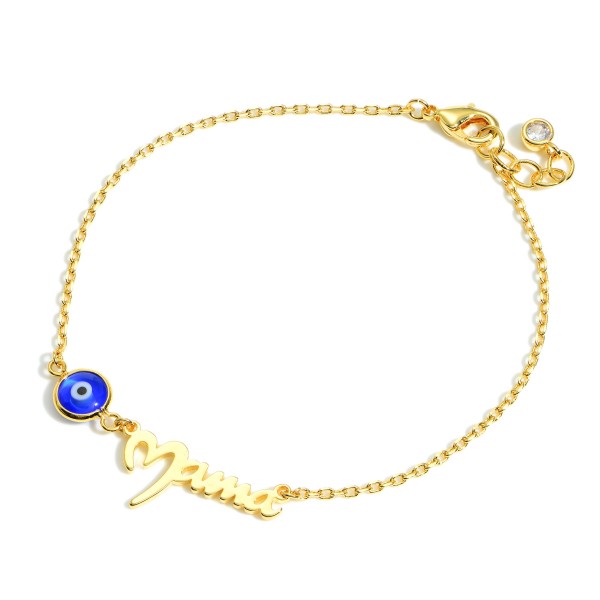 Gold Dipped Evil Eye Bracelet that says "Mama".

- Gold Dipped
- Approximately 2.5" in Diameter
- Extender Approximately 1" in Length