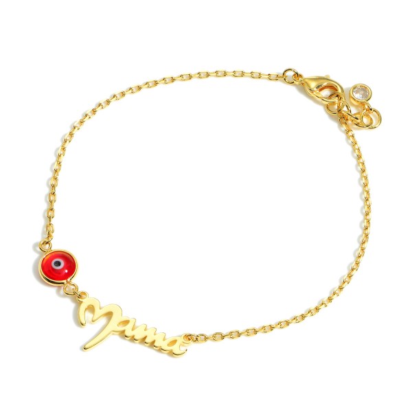 Gold Dipped Evil Eye Bracelet that says "Mama".

- Gold Dipped
- Approximately 2.5" in Diameter
- Extender Approximately 1" in Length