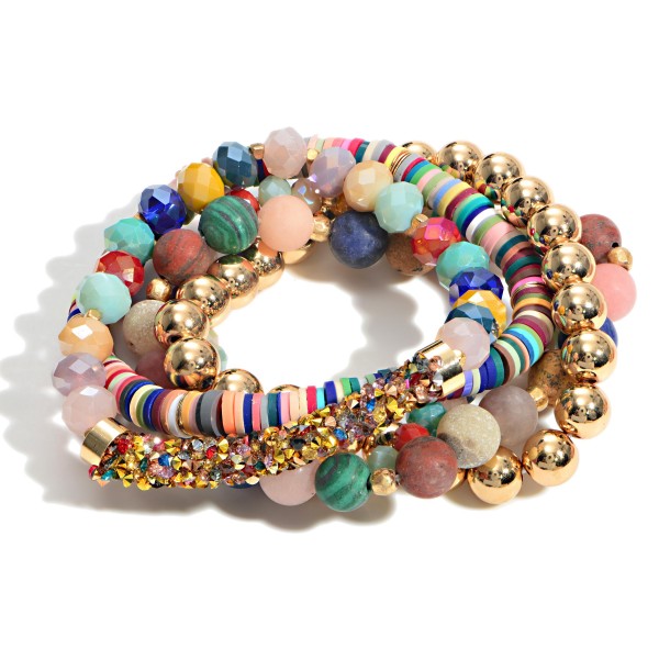 Wholesale set Five Beaded Bracelets Rhinestone Encrusted Bar Heishi Glass Beads