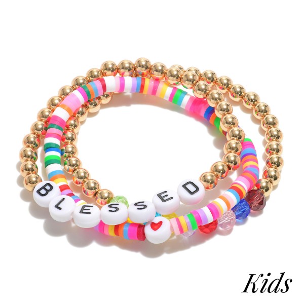 Wholesale kids Set Three Beaded Message Stretch Bracelets Heishi Beads Diameter