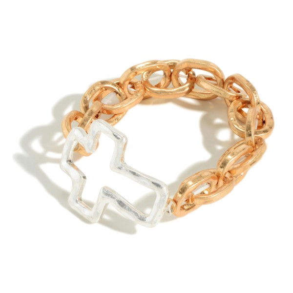 Gold Tone Chunky Chain Link Stretch Bracelet Featuring Hammered Silver Tone Texture Cross Charm

- Approximately 3" Diameter