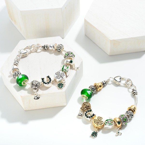 St. Patrick's Day Charm Bracelet With Rhinestone Charms

- Lobster Closure
- Approximately 3.5" Diameter With .75" Extender