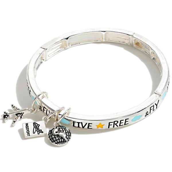 Metal Tone Stretch Flight Attendant Charm Bracelet

- Features Globe, Airplane & Suitcase Charms
- Approximately 3" Diameter