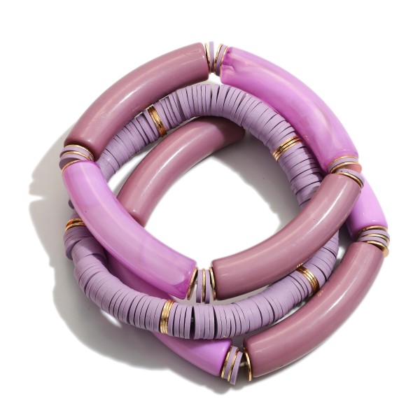 Set of Three Stretch Bracelets Featuring Acrylic Tube Beads and Heishi Beads

- Approximately 2.5" Diameter