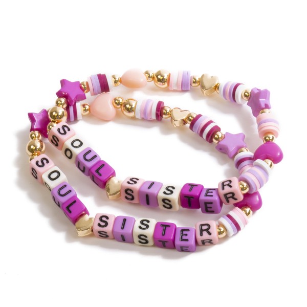 "Soul Sister" BFF Stretch Bracelet Set Featuring Heishi Beads, Stars, and Heart Bead Accents

- Approximately 2.5" Diameter