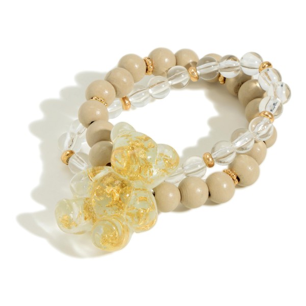 Wholesale set Two Beaded Bracelets Wood Beads Oversized Resin Gold Foil Bear Cha