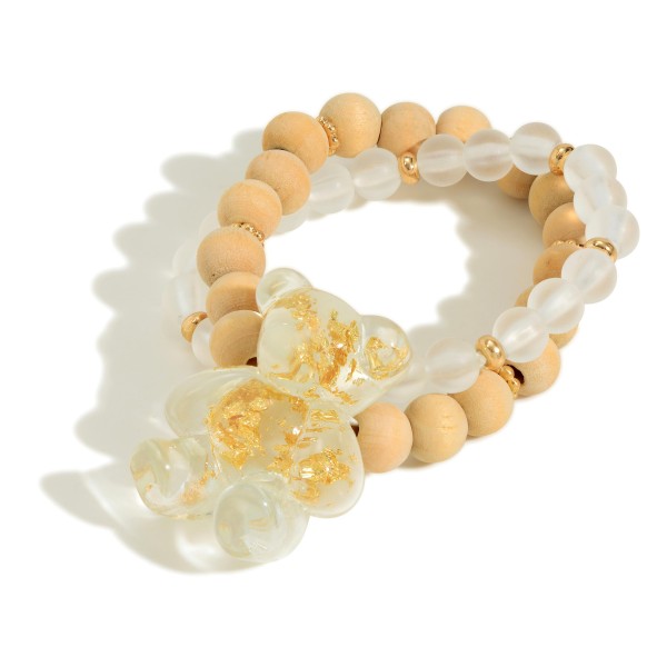 Wholesale set Two Beaded Bracelets Wood Beads Oversized Resin Gold Foil Bear Cha