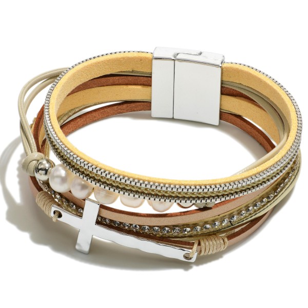 Wholesale multi Strand Magnetic Bracelet Cross Freshwater Pearls Magnetic Closur