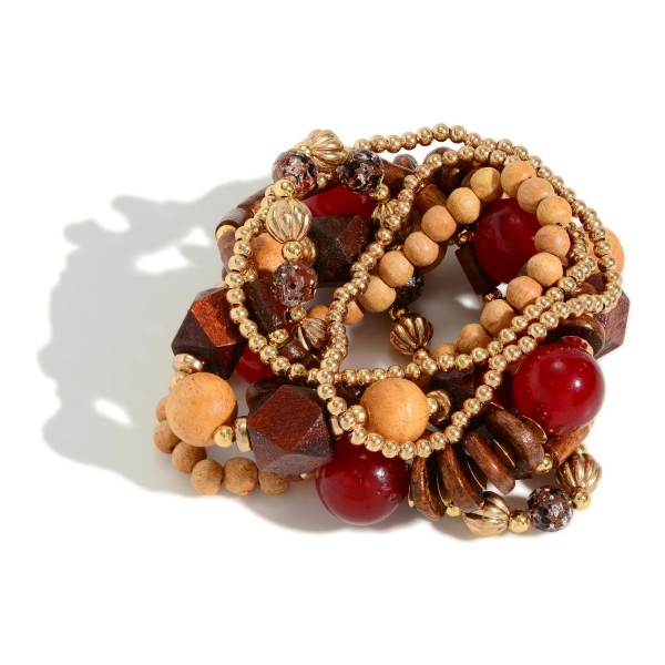 Wholesale set Seven Stretchy Beaded Bracelets Wood Gold Accents Diameter