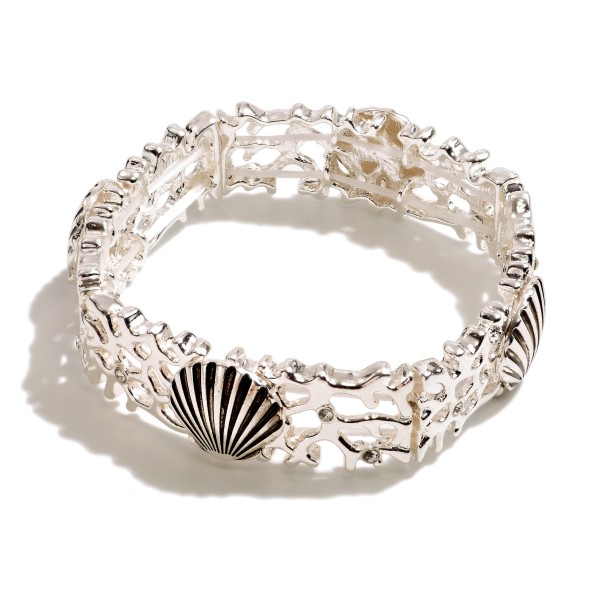 Wholesale metal Coral Stretch Bracelet Silver Seashell Rhinestone Accents Diamet