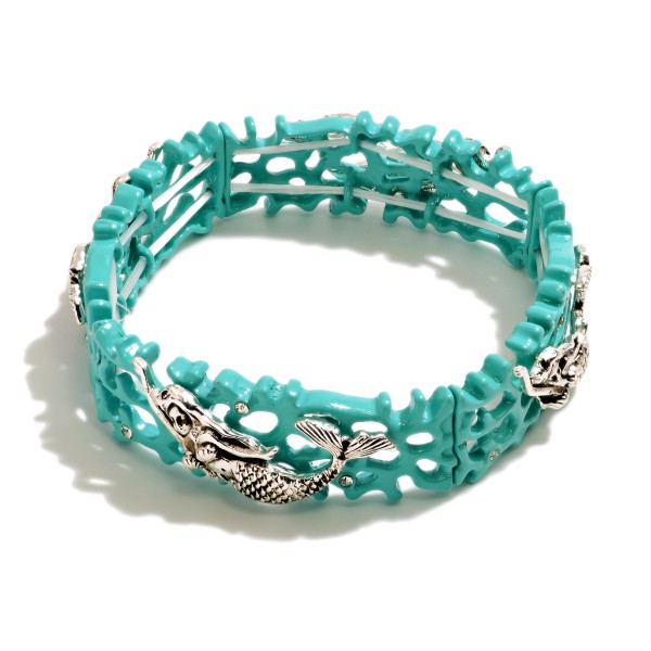Wholesale metal Coral Stretch Bracelet Silver Mermaid Rhinestone Accents Diamete