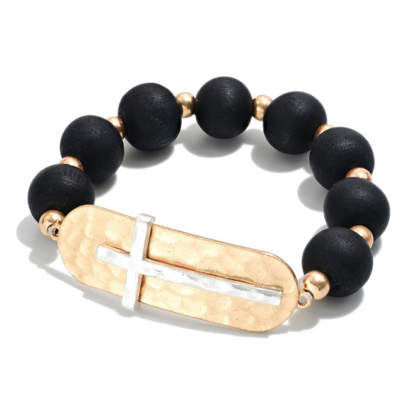 Black Wood And Gold Tone Beads Featuring Hammered Cross Accent 

-Approximately 3" Diameter 
-Cross Accent Approximately 2" L