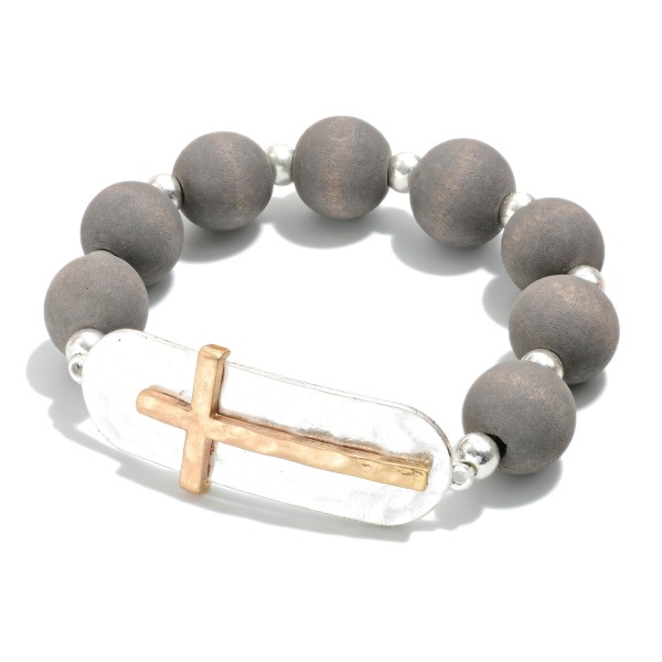 Black Wood And Gold Tone Beads Featuring Hammered Cross Accent 

-Approximately 3" Diameter 
-Cross Accent Approximately 2" L