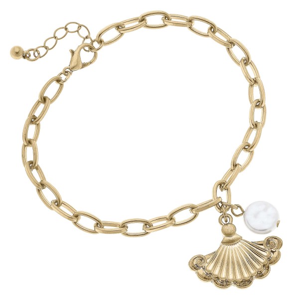 French Fan And Pearl Chain Link Bracelet 

- Approximately 7.5" L
- Chain Extender Approximately 1.5" L