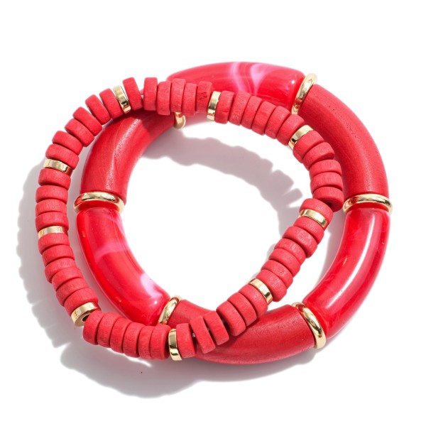 Wholesale set Two Beaded Bracelets Wood Acrylic Tube Beads Metal Disk Accents Di