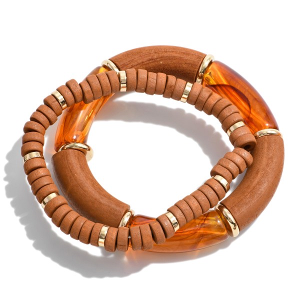 Wholesale set Two Beaded Bracelets Wood Acrylic Tube Beads Metal Disk Accents Di