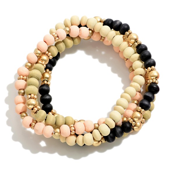 Wholesale set Wood Beaded Bracelets Gold Accent Beads Diameter