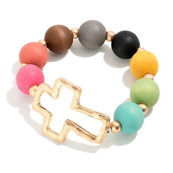 Hammered Cross Stretch Wood Beaded Bracelet 

- Approximately 3" Diameter 
- Cross Approximately 1.5" L