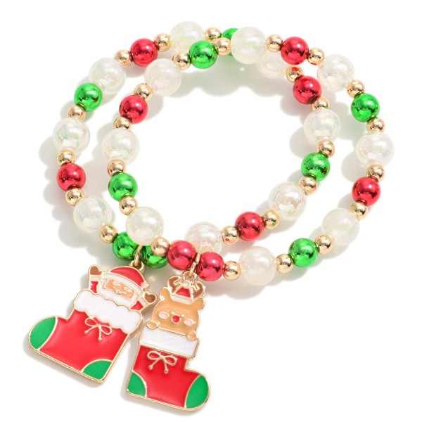 Wholesale bFF Beaded Stretch Bracelet Set Enamel Christmas Themed Charms Diamete